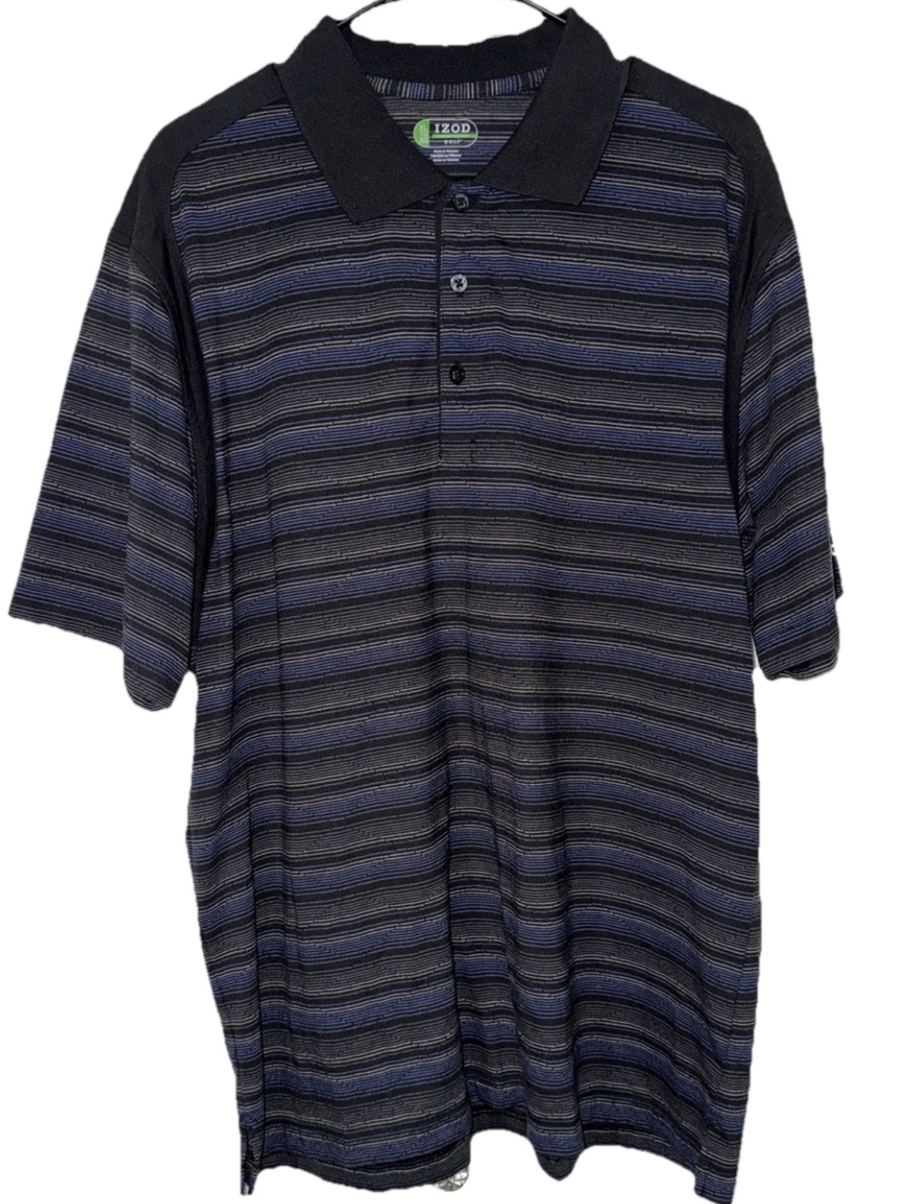 Izod Golf Polo Shirt Men’s XL Black with Gray & Navy Stripes
